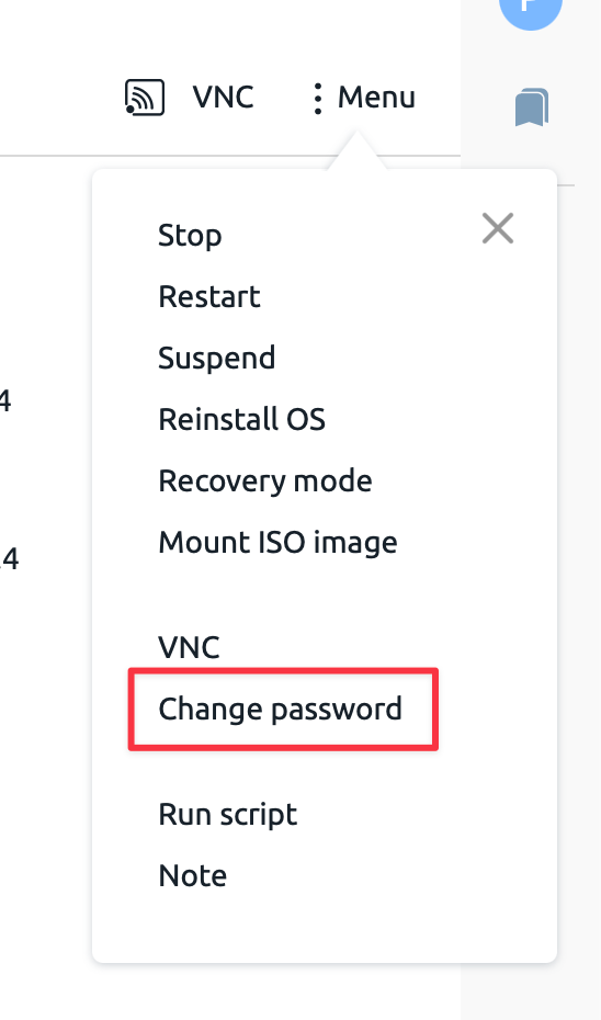 Пункт «Change password» в панели VPS